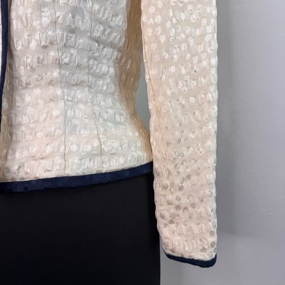 VTG Albert Nipon Cream Navy Crop Jacket Silk Polka Dot Striped Pearl Button Sz 4 - Picture 3 of 5